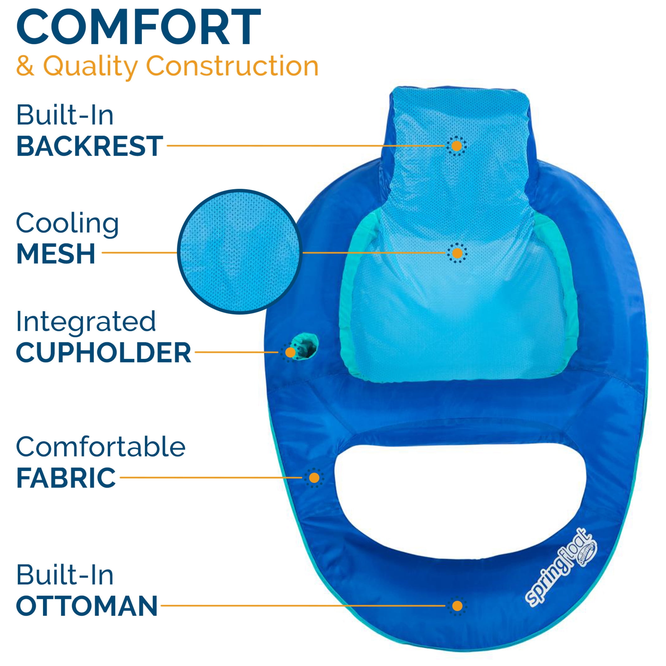 SwimWays Spring Float Recliner Chair for Swimming Pool, Inflatable Pool Floats Adult with Fast Inflation, Cup Holder & Foot Rest for Ages 15 & Up, Blue