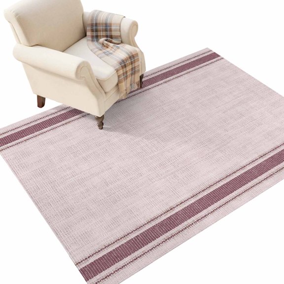 Rustic Pink Washable Area Rug 3 x 5 ft Rose Red Stripes Border Modern Farmhouse Linen Texture Soft Non‑Slip Rugs Stain Repellent Indoor Mats for Entry Foyer, Apartment Living Corner Dining Nook