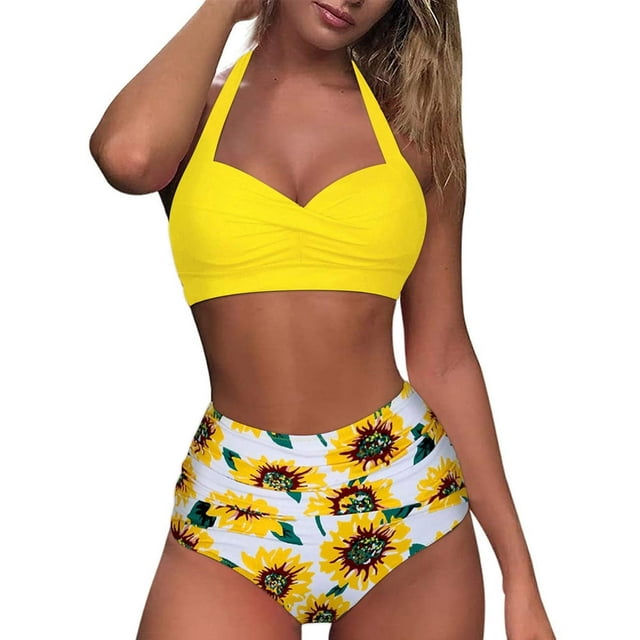 Womens Two Piece Swimsuits Women Vintage Swimsuit Two Piece Retro Halter Ruched High Waist Print Bikini Set