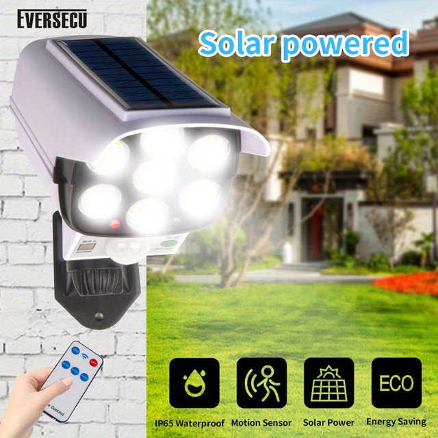Outdoor Motion Sensor Solar Lights 2000 Lumens 77 LEDs Spotlight With Remote Controller FloodLights Outdoor IP66 Waterproof, Wireless Dummy Decoy Fake Security Camera For Porch Garden Patio Driveway