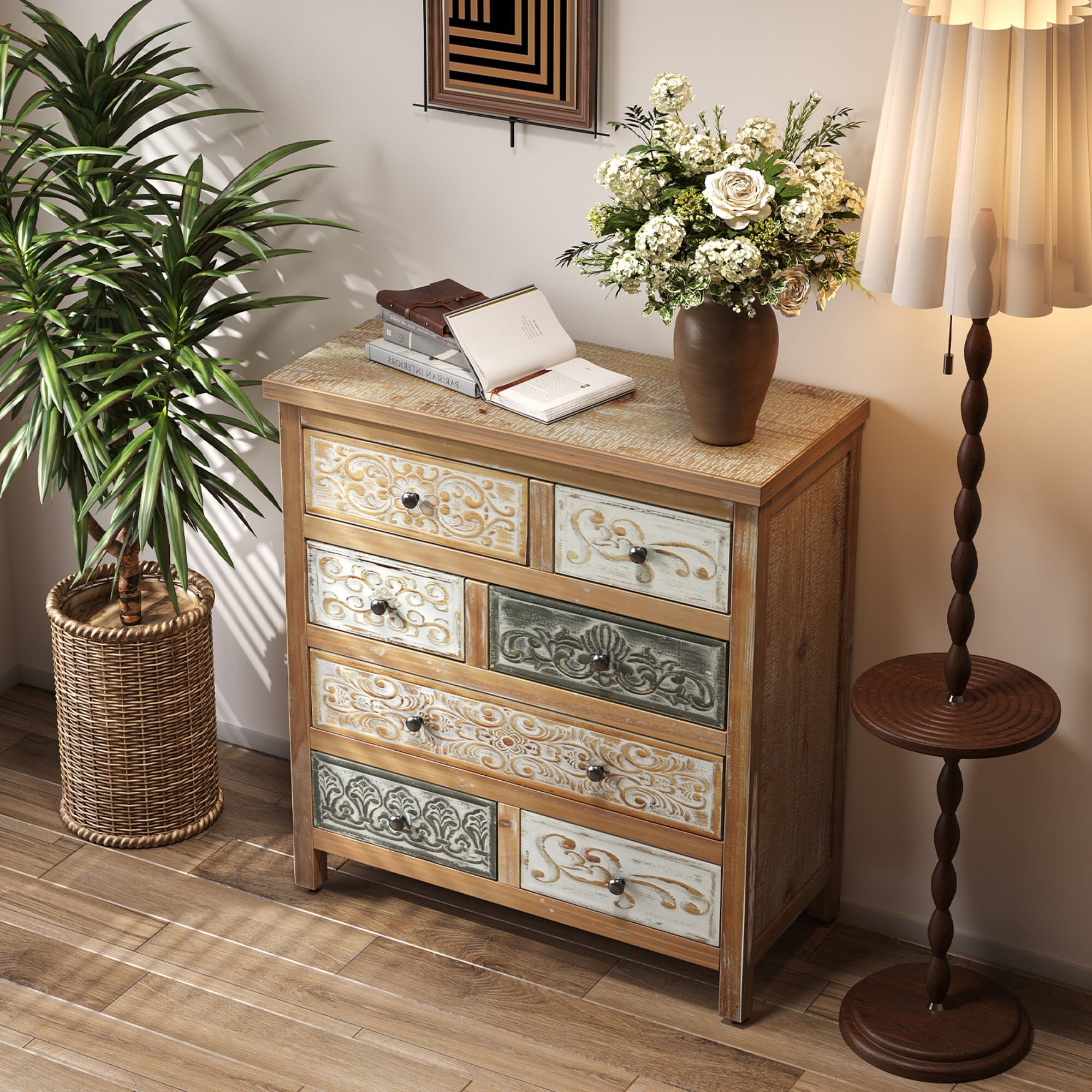 AENKYO Vintage 7-Drawer Dresser, Carved Wood Storage Chest, Distressed Finish for Bedroom & Living Room Farmhouse Decor