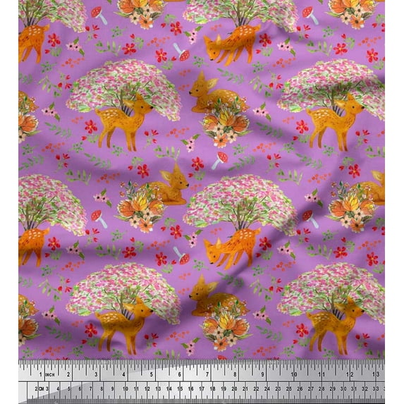Soimoi Velvet Fabric Tree,Floral & Deer Animal Printed Fabric 1 Yard 58 Inch Wide