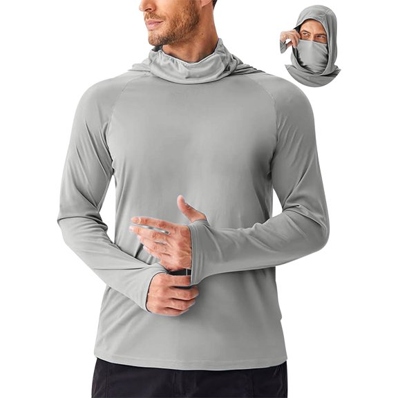 UQJfacai Mens Sun Protection Hoodie with Mask UPF 50  UV Long Sleeve Shirt Pocket Cooling Rash Guard Fishing Hiking Shirts S-3XL