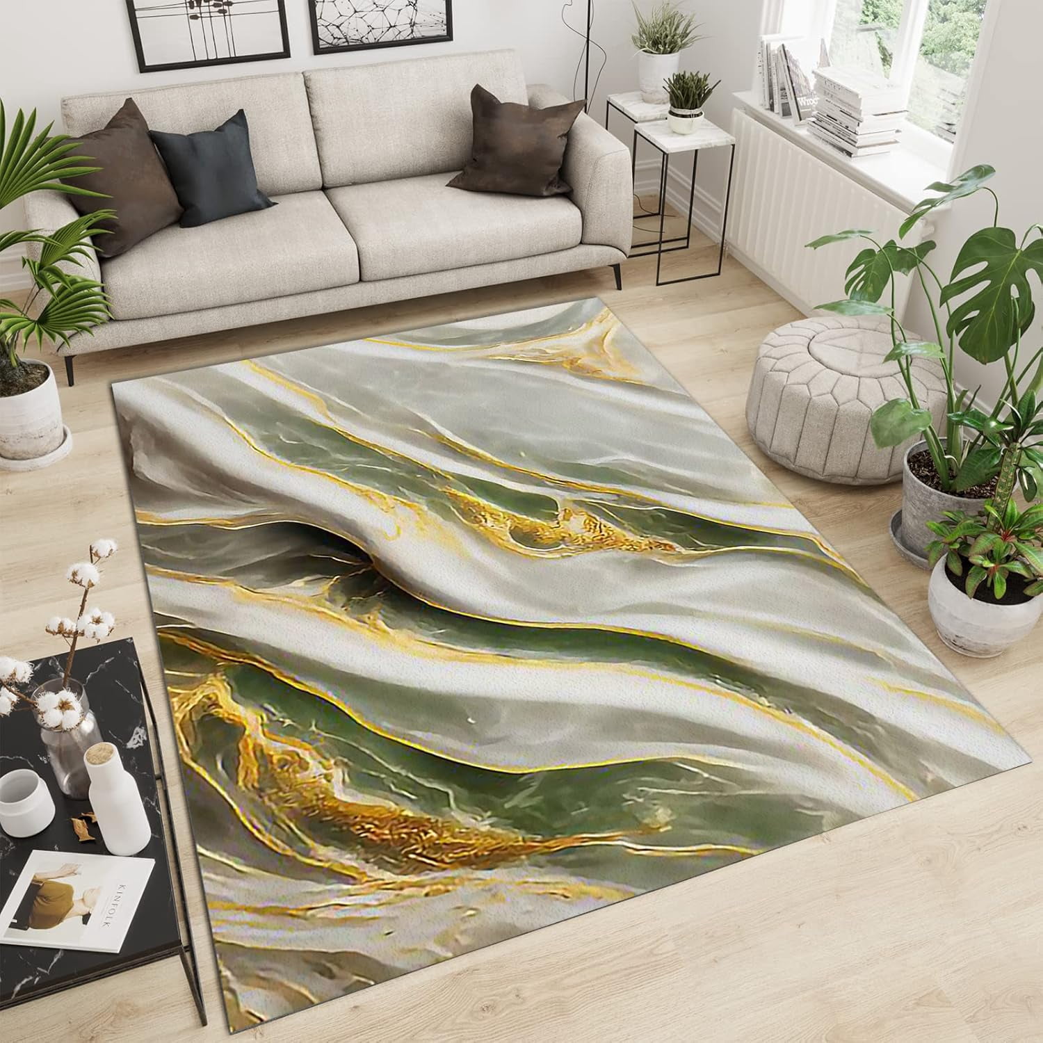 Nordic Style Area Rugs, Green White Marble Gold Stripes Texture Floor Carpet, Modern Soft Washable Non-Slip Indoor Outdoor Rug 4ft x 6ft