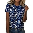 thumbnail image 2 of Womens T Shirts Short Sleeve Crewneck Fashion Floral Print T-Shirt Casual Breathable Summer Top Dark Blue L, 2 of 4