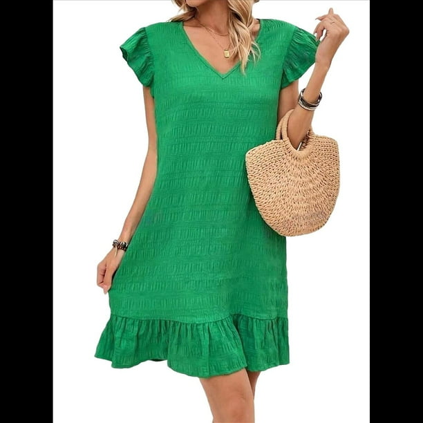 Vestidos de Verano para Mujer, Escote en V, Mangas , Dobladillo con Volantes, Vestido Verde XL