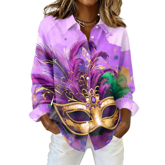 Fgvctg Mardi Gras Shirts for Women Carnival Party Long Sleeve Cotton Button Down Shirt Dressy Mask Print Collared Blouse Plus Size Business Casual Tops Purple 3XL