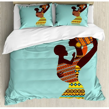 African Duvet Cover Set, Mother with Her in Clothes Retro Style Fashion Image, Decorative 3 Piece Bedding Set with 2 Pillow Shams, King Size, Turquoise Marigold, by Ambesonne