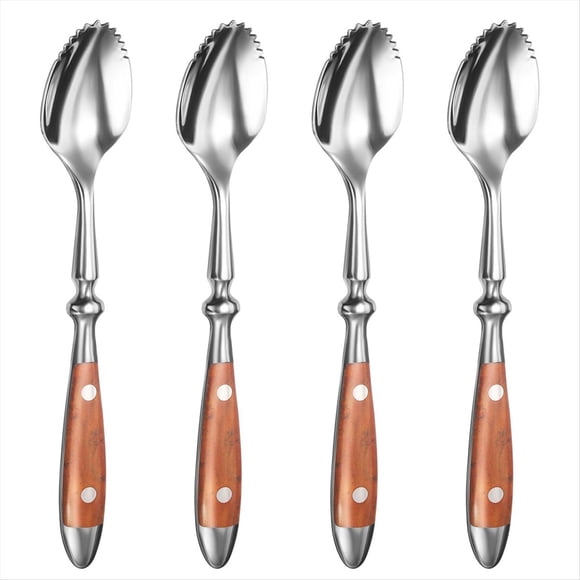 Grapefruit Spoons, 4PCS Serrated Grapefruit Spoon, Stainless Steel 18/8 Fruit Spoon Kiwi Spoon with Wood Handle,4 x serrated spoon