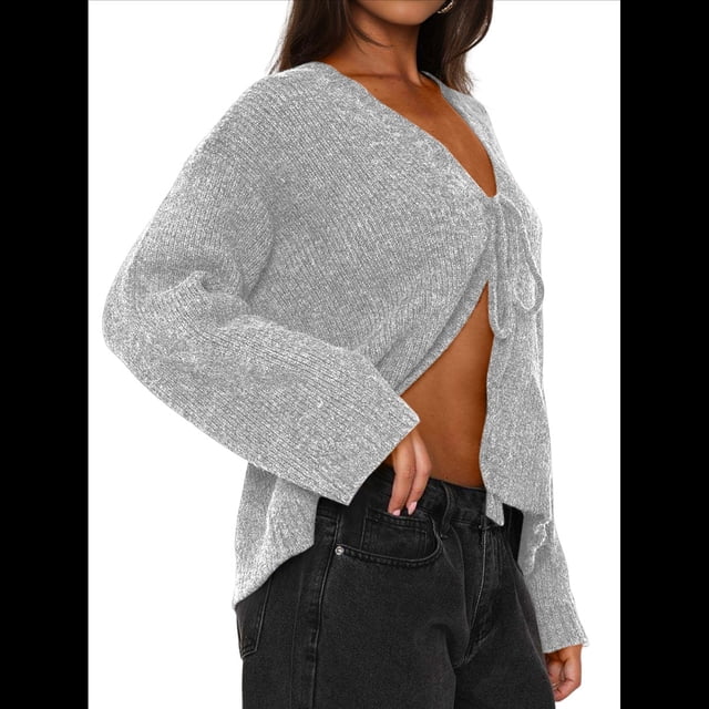 Suéter Tipo Cárdigan Corto con Lazo Frontal para Mujer, Cuello en V, Frente Abierto, Top de Punto Acanalado con Cable de Crochet Gris S