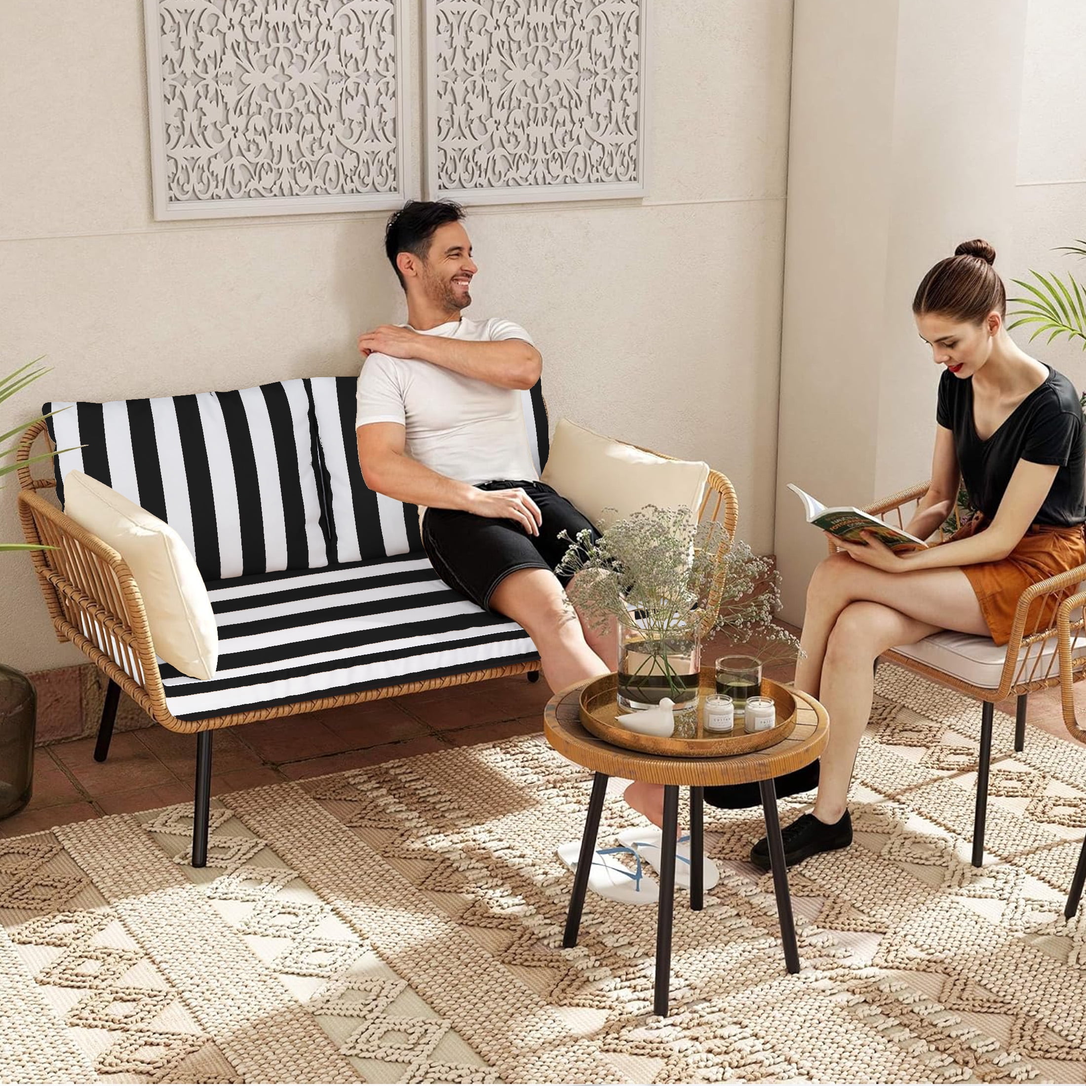 Geemuslly 48 x 24 Outdoor Loveseat Cushion Set, Waterproof & Fade-Resistant Patio Replacement Cushions for Sofa, Bench, or Swing – Thick Seat & Backrest Support,Black & White Stripes