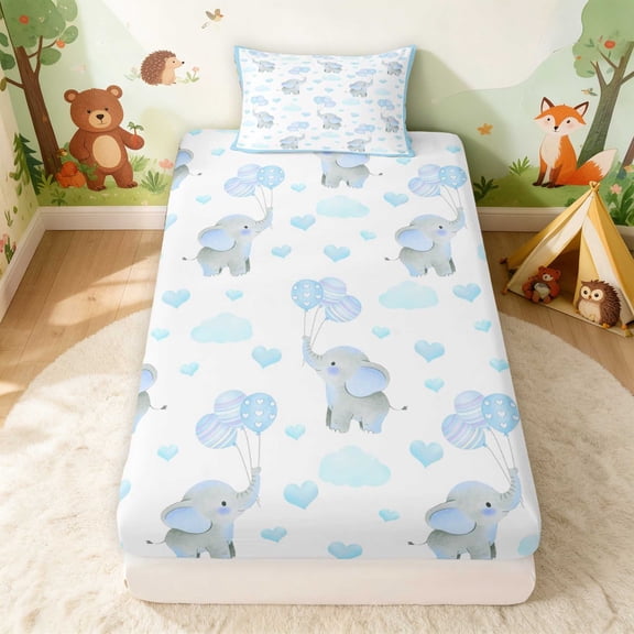 Erosebridal Baby Elephant Twin Fitted Sheet for Girls, Blue Balloons Bedding, 2 Pieces 1 Fitted Sheet and 1 Pillowcase