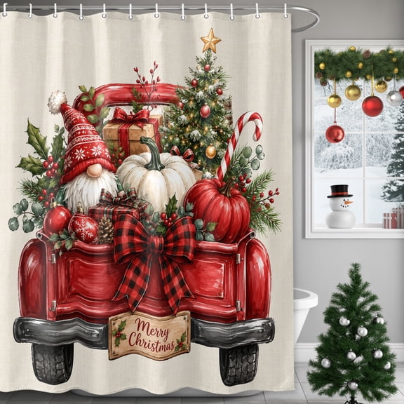 Small Stall Shower Curtain 36x72 Inch Narrow Half Size Merry Christmas Bath Curtains Bathroom Decor, Winter Red Truck Gnomes XmasTree Rustic Waterproof Fabric Shower Curtain Set with Hooks 36 Inch