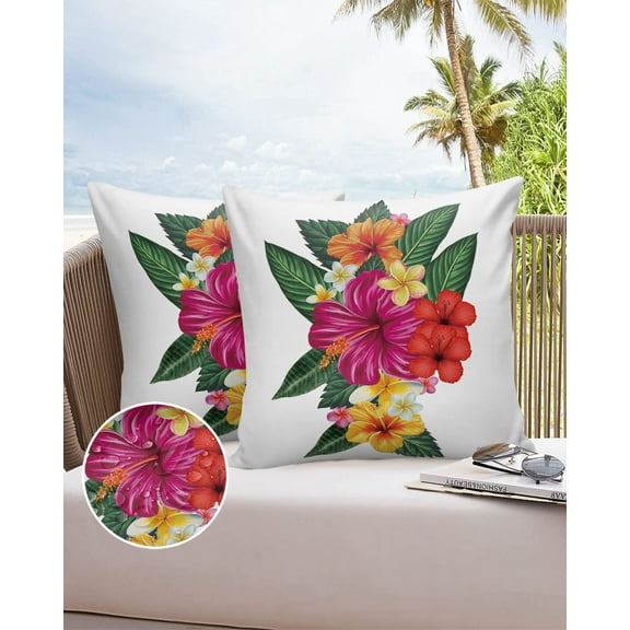 Outdoor Throw Pillow Cover Watercolor Puerto Rico Hibiscus Flower and Green Leaves Waterproof Cushion Covers 2 Pack White Pillow Cases Home Decoration for Patio Garden Couch Sofa