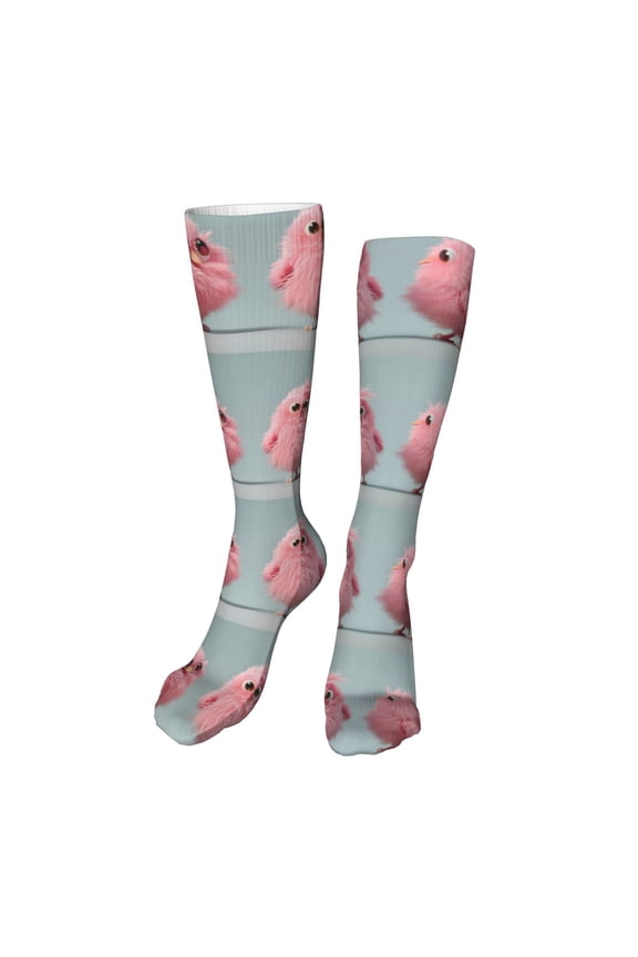 Adorable Pink Fluffy Birds Funny Silky Novelty Funky Long Knee High Socks Soft 3D Print Cosplay Crazy Stockings for Men Women