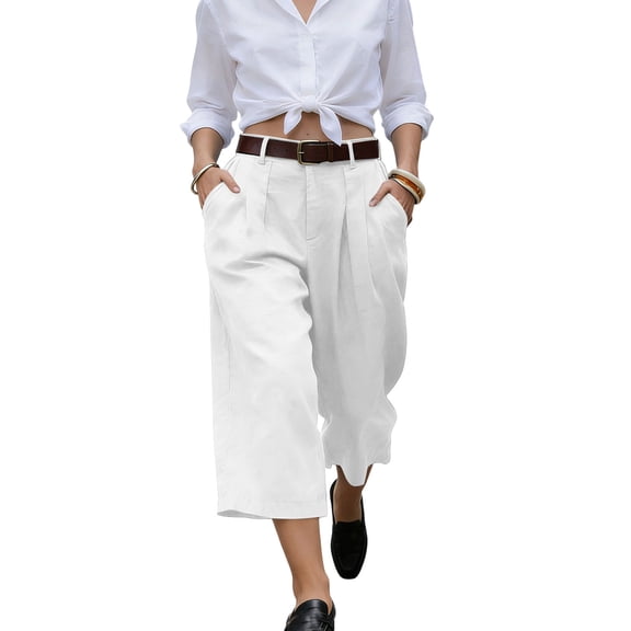 ROHUUQUE Women's Capri Wide Leg Pants High Waist Casual Solid Bottoms with Pockets Beach Summer 7/8 Length
