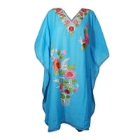 Mogul Women Blue Floral Embroidered Kaftan Dress Embellished Housedress Kimono Resortwear Caftan 3XL