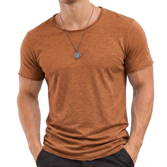 LODIENY Men's Slub Cotton T-Shirts Premium Casual Stylish Crew Neck Tees Short Sleeve Regular Soft Fit Solid Color Athletic Tops Yellow M
