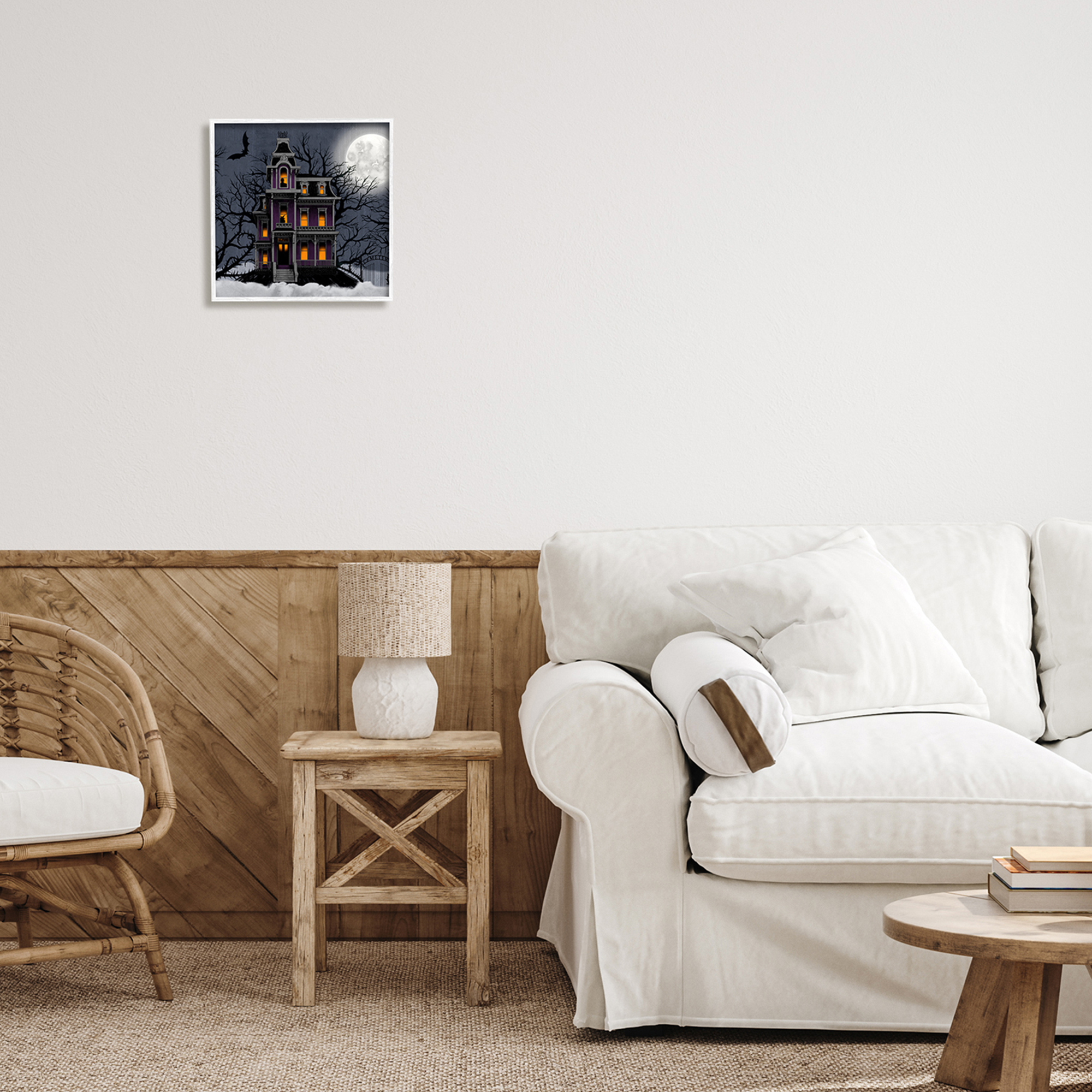 Creepy Haunted Halloween House Under Moonlit Sky Holiday Painting Framed Art Print Wall Art