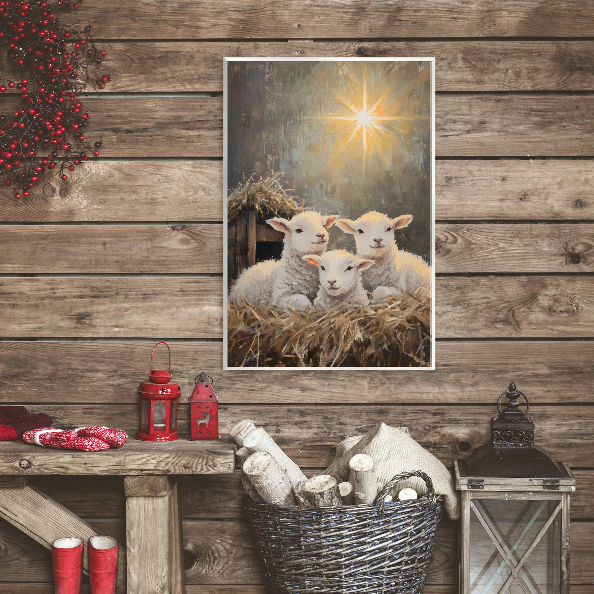 Festive Lambs in Stable Wall Plaque Art, design by Petal Prints Design