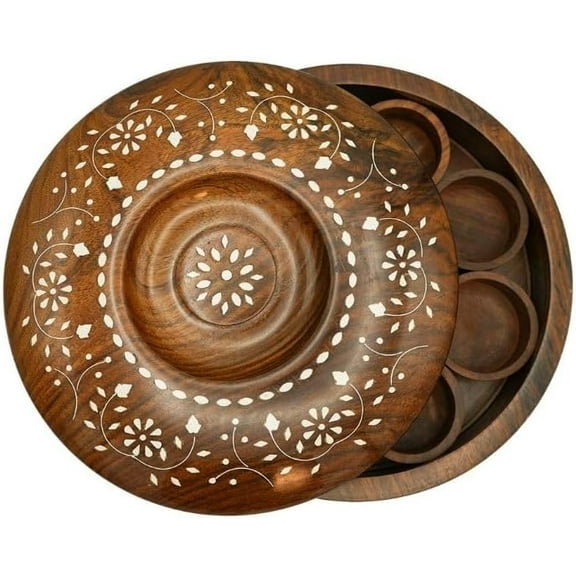 Wooden White Inlay Design 9 Compartment Masala/spice Box with Spoon and Lid