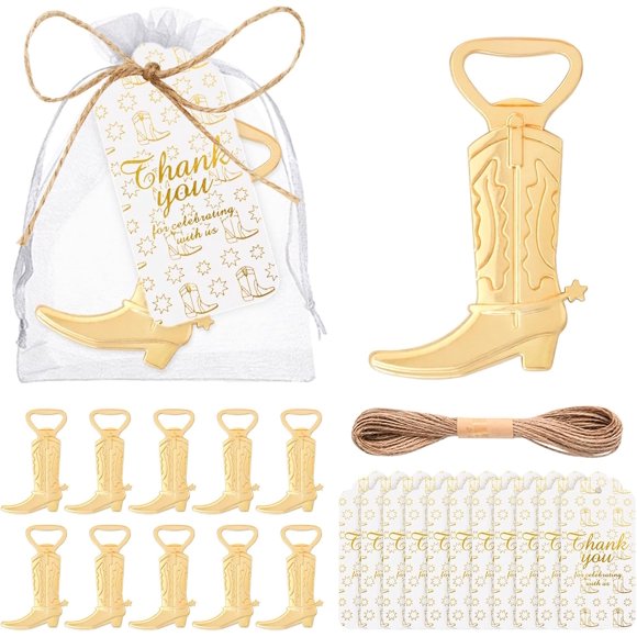 Qonmpcvu 30PCS Cowboy Boots Bottle Openers For Favors Baby Shower Bottle Opener Favors With White Organza Bags Thank You Tags For Guest Bridal Baby Shower Party Wedding Bottle Opener Gifts Supplies