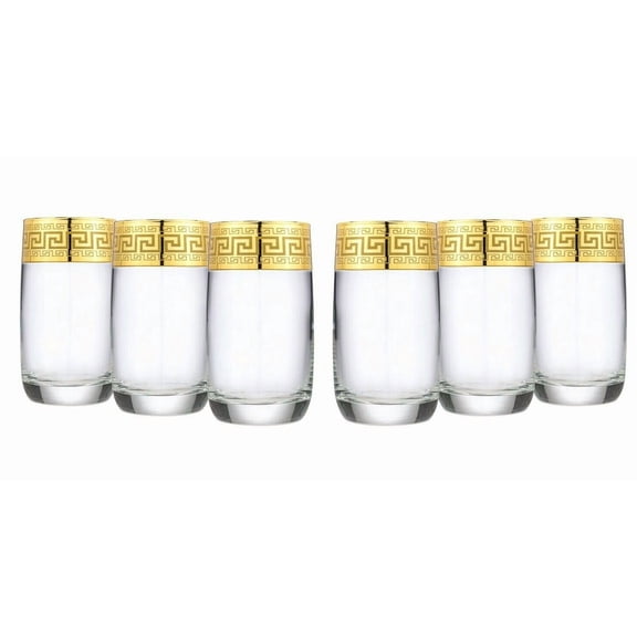 Gold Rimmed Highball Goblets Greek Key  - 11 oz. Lead Free Glasses 6-pc