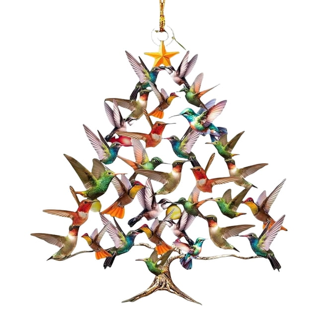 HUASHENG Christmas Ornament featuring a colorful tree-shaped design made of stacked acrylic hummingbirds in vibrant hues. The ornament includes a golden star at the top and a tree trunk base, showcasing a double-sided design for visibility from all angles. Ideal for Christmas tree decoration or year-round home decor, especially for bird lovers. Dimensions are approximately 8x8x1 cm.