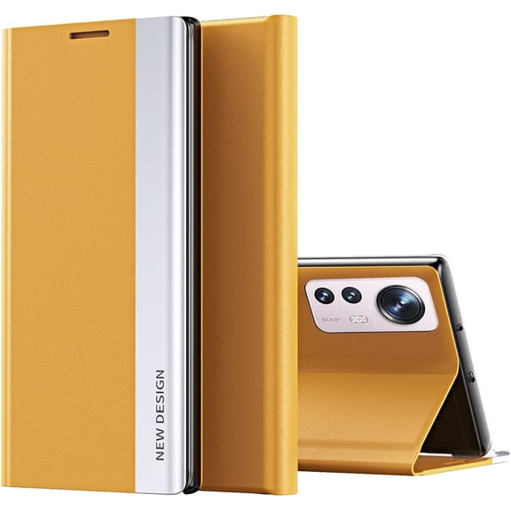 Premium PU Leather Cover for Xiaomi 12 Pro, [Shockproof TPU Interior] Stand Flip Phone Case for Xiaomi 12 Pro CX Yellow