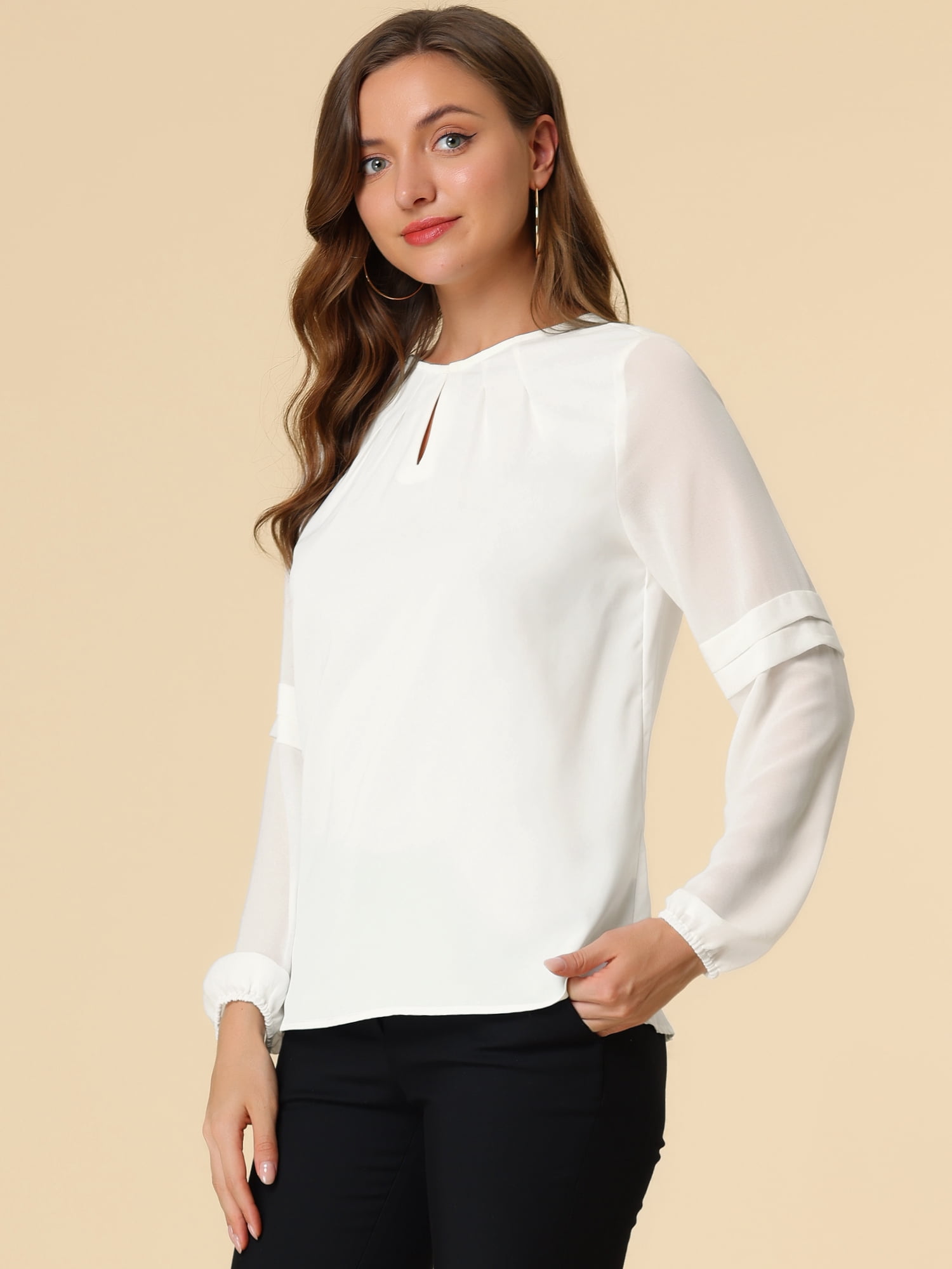DARING DIVA Chiffon Semi Sheer Long Sleeves Keyhole Neck Blouse 2XL White