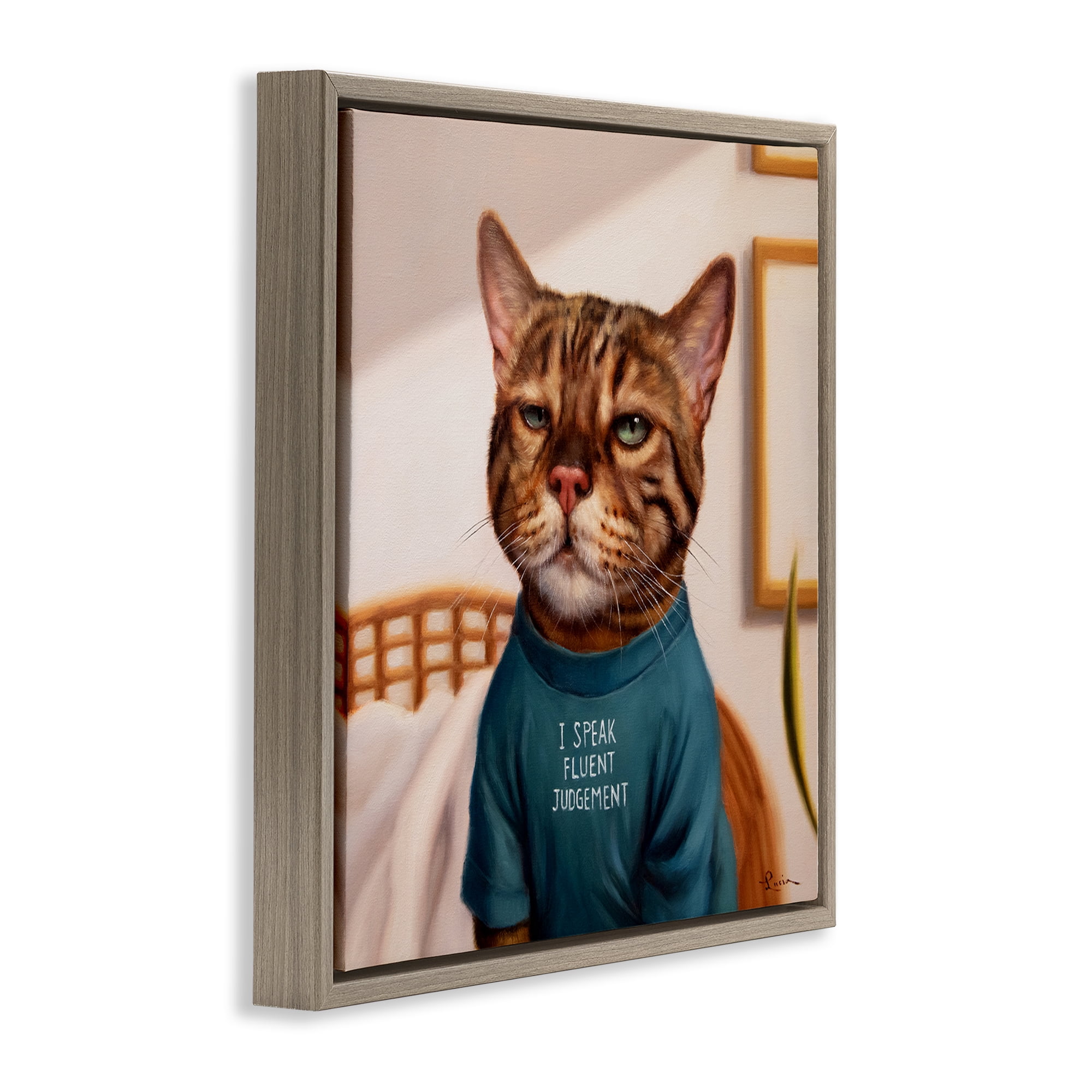 Stupell Industries Cattitude Speak Fluent Judgement Brown Framed Floater Canvas Wall Art, design by Lucia Heffernan