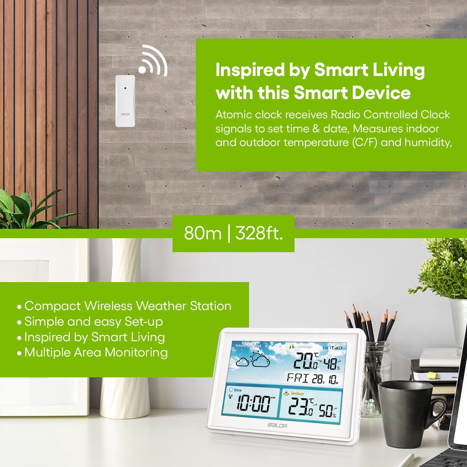Baldr Weather Station with Indoor Outdoor Thermometer, Wireless Sensor, Atomic Clock, Humidity Monitor, White