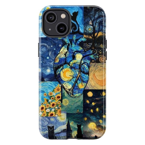 Starry Heart Phone Case, Artistic Night Sky Cat and Sunflower Collage iPhone Cover, Unique Aesthetic Protective Case for iPhone 16 15 14 13 12 11 Plus Pro Max Mini