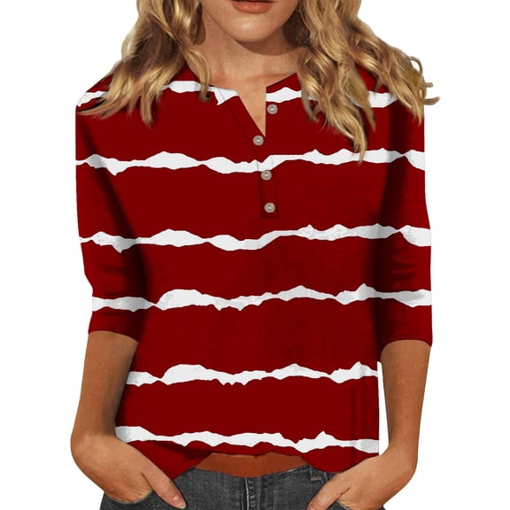 WTXUE T-Shirts 3/4 Sleeve, Crew Neck Shirts for Women's Button up 3/4 Length Sleeve T Shirt Top Striped Casual Tops for Women Red/Striped S