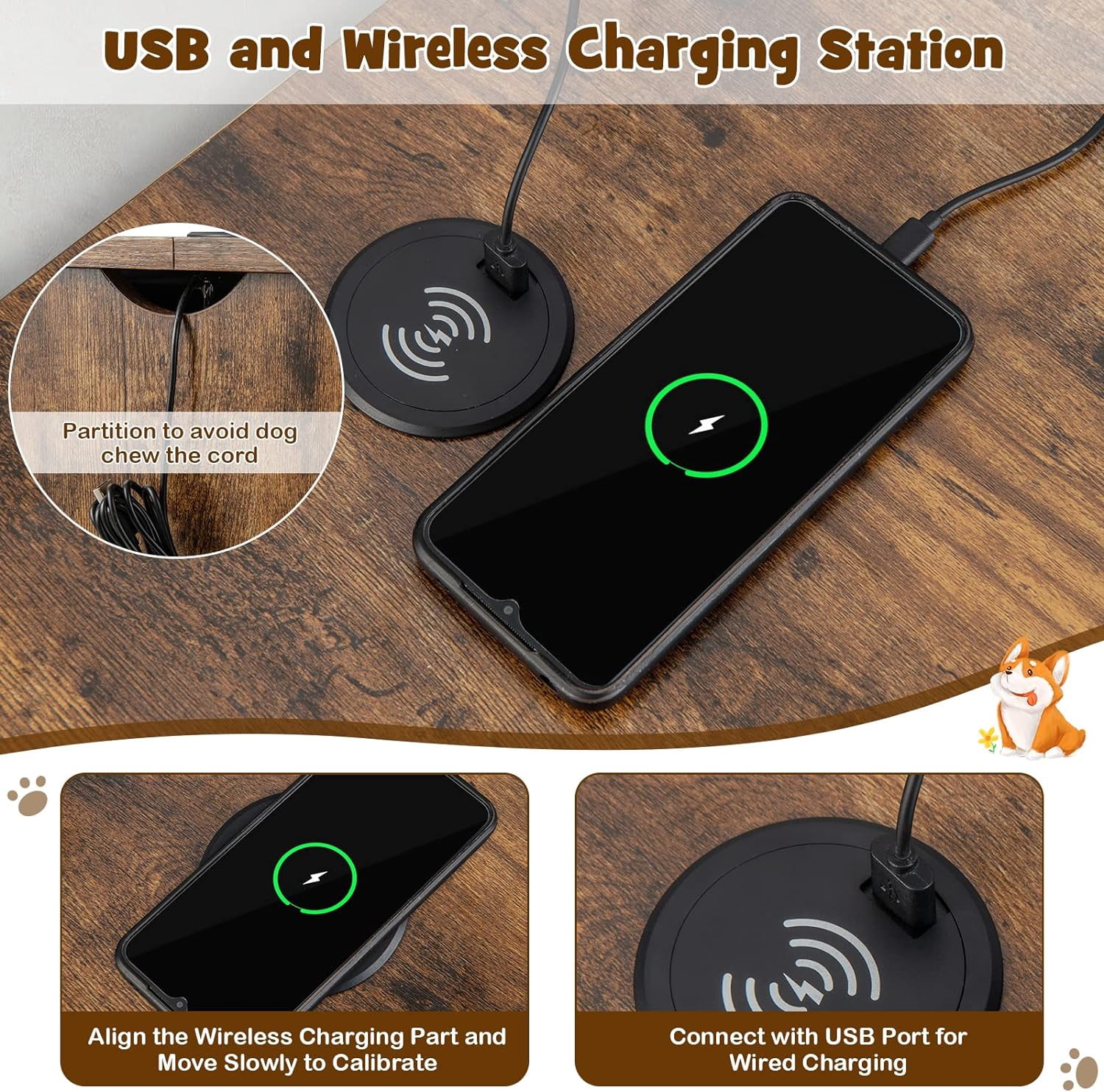 Furniture Style Dog Crate, Decorative Dog Kennel End Table with USB & Wireless Charging Station, Storage Drawer, Indoor Dog House for Small Dogs (Rustic Brown)