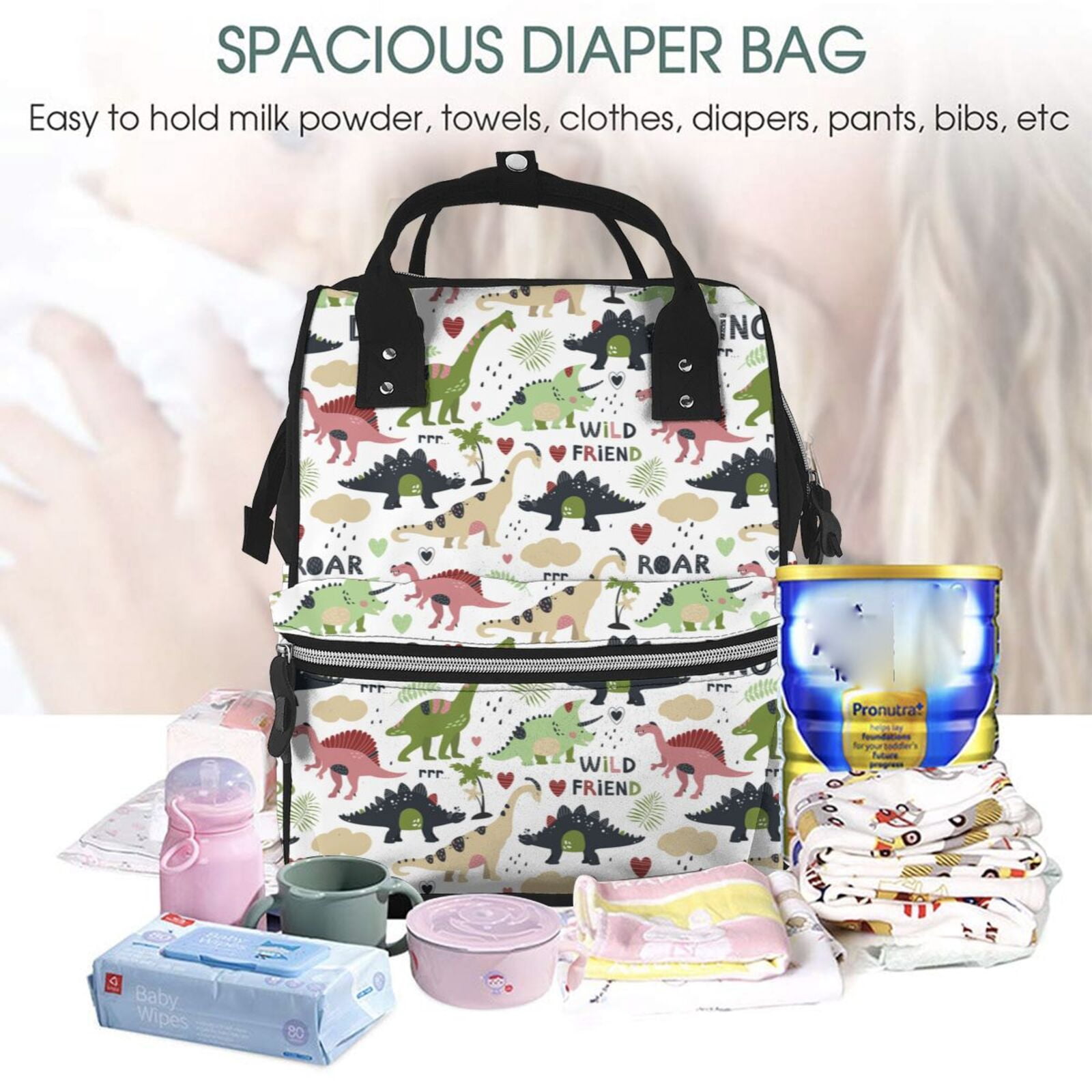 Ratiio Dinosaur Mummy Backpack - Waterproof Twill Canvas, Large Capacity Diaper Bag with Multiple Pockets and Adjustable Straps