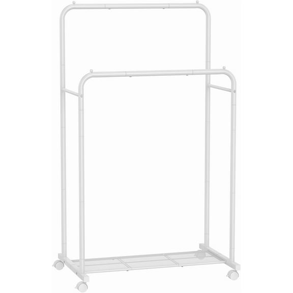 Double Rods Clothes Rack with Wheels, Clothing Rack for Hanging Clothes, Heavy Duty Garment Rack with Mesh Storage Shelf, 2 Brakes, Each Top Rail Holds up to 77 lb, White UHSR026W01