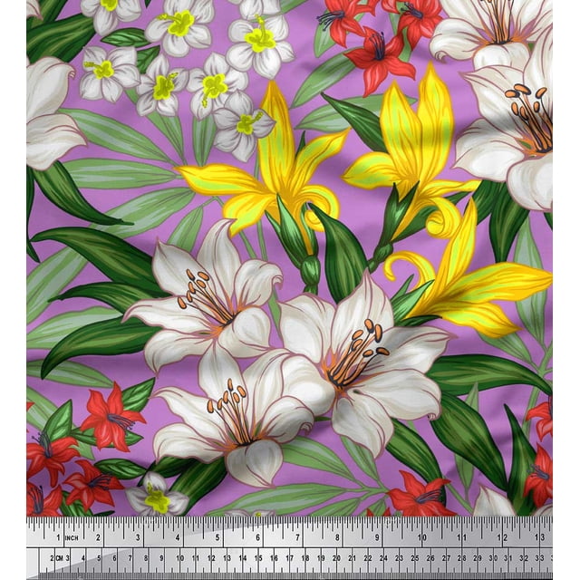 Soimoi Tissu Violet Poly Georgette Imprimé Floral Feuilles & Lys au Mètre 52 Pouces de Large