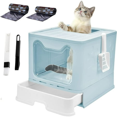 Cat Litter Box with Lid  Top Entry Cat Litter Box Pan  Enclosed Cat Potty  Anti-Splashing Cat Toilet  Foldable Litter Box Large Covered Cat Supplies with Scoop Brush and Garbage Bag Blue