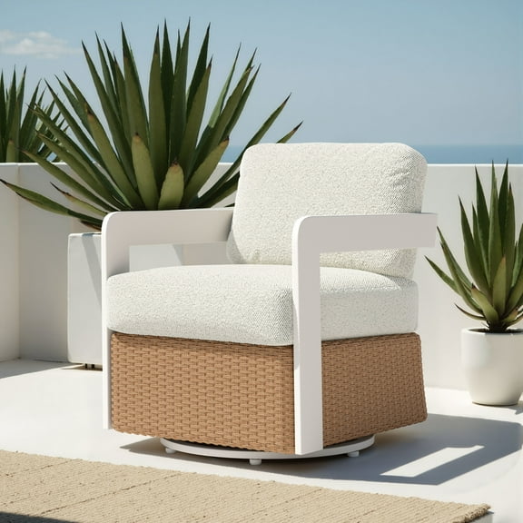 Gelo Swivel Chair White & Brown Accent Chair, Modern Style, Removable and washable cushion cover, Aluminum, Outdoor Living