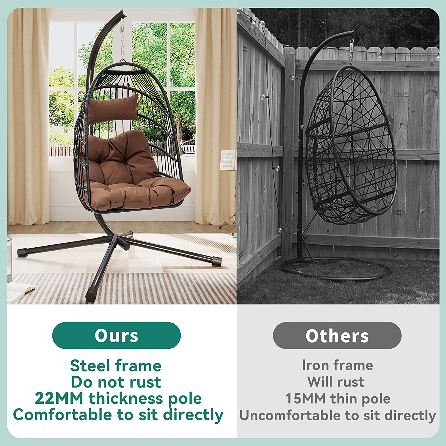 Hanging Egg Swing Chair Outdoor Wicker Hammock Chairs Indoor with Steel Stand UV Cushion 350lbs for Patio Bedroom Garden and Balcony Brown Walmart