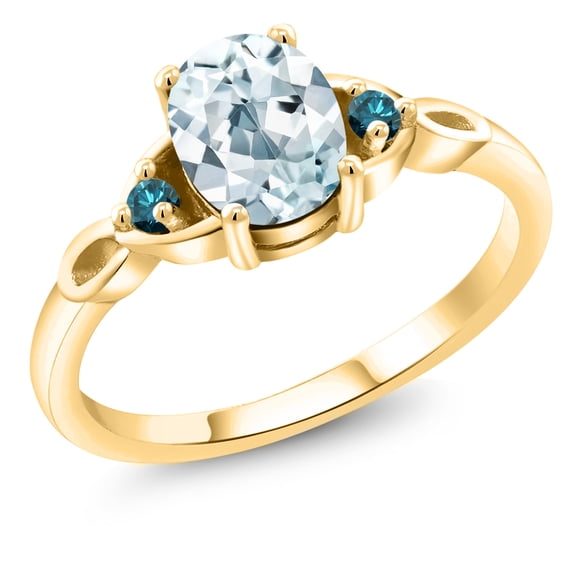Gem Stone King 18K Yellow Gold Plated Silver Sky Blue Aquamarine and Blue Diamond 3-Stone Rings for Women (1.27 Cttw, Gemstone March Birthstone, Oval 8X6MM, Size 9)