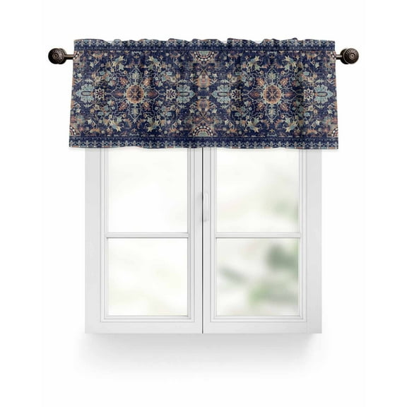 Navy Blue Boho Kitchen Valances for Windows Vintage Ethnic Geometric Pattern Valance Curtains  for Kitchen /Living Room/Bedroom/ Bathroom Decor, 54"x18 " ,Rod Pocket 1 Panel,