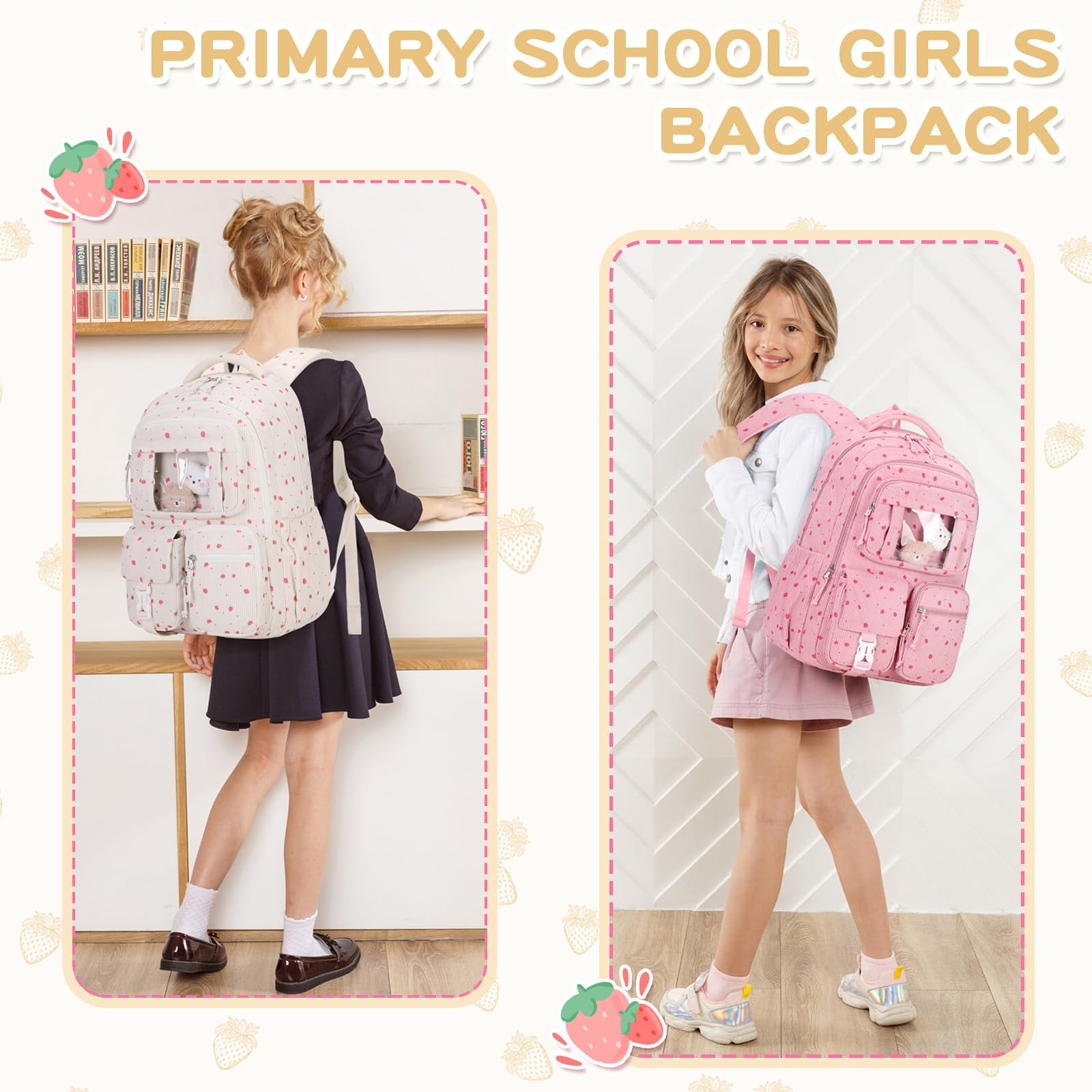 Soda Candy Corduroy School Backpack Cute Bookbag for Middle School Students Book Bag Kawaii Ita Backpacks with Reinforced Thick Strap, Biege Strawberry