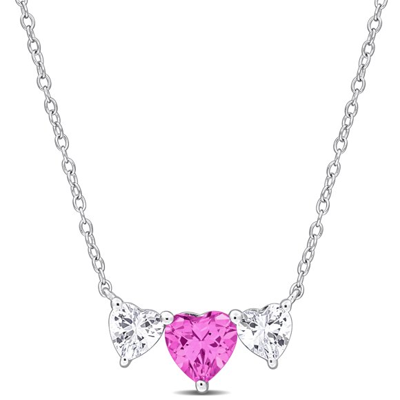 Miabella 2-5/8 CT TGW Created Pink Sapphire Triple-Heart Necklace in Sterling Silver
