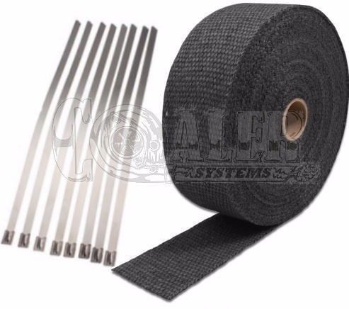 FONESO 2 x 50 Black Exhaust Heat Wrap Roll for Motorcycle Fiberglass Heat Shield Tape with 12 Stainless Ties 