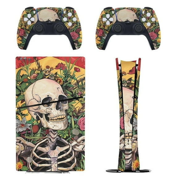Skin Sticker for PS5 Slim Standard Disc Digital Edition Console and Controllers Decals for Playstation 5 (Skull Flowers Illustration,PS5 Disc Edition)