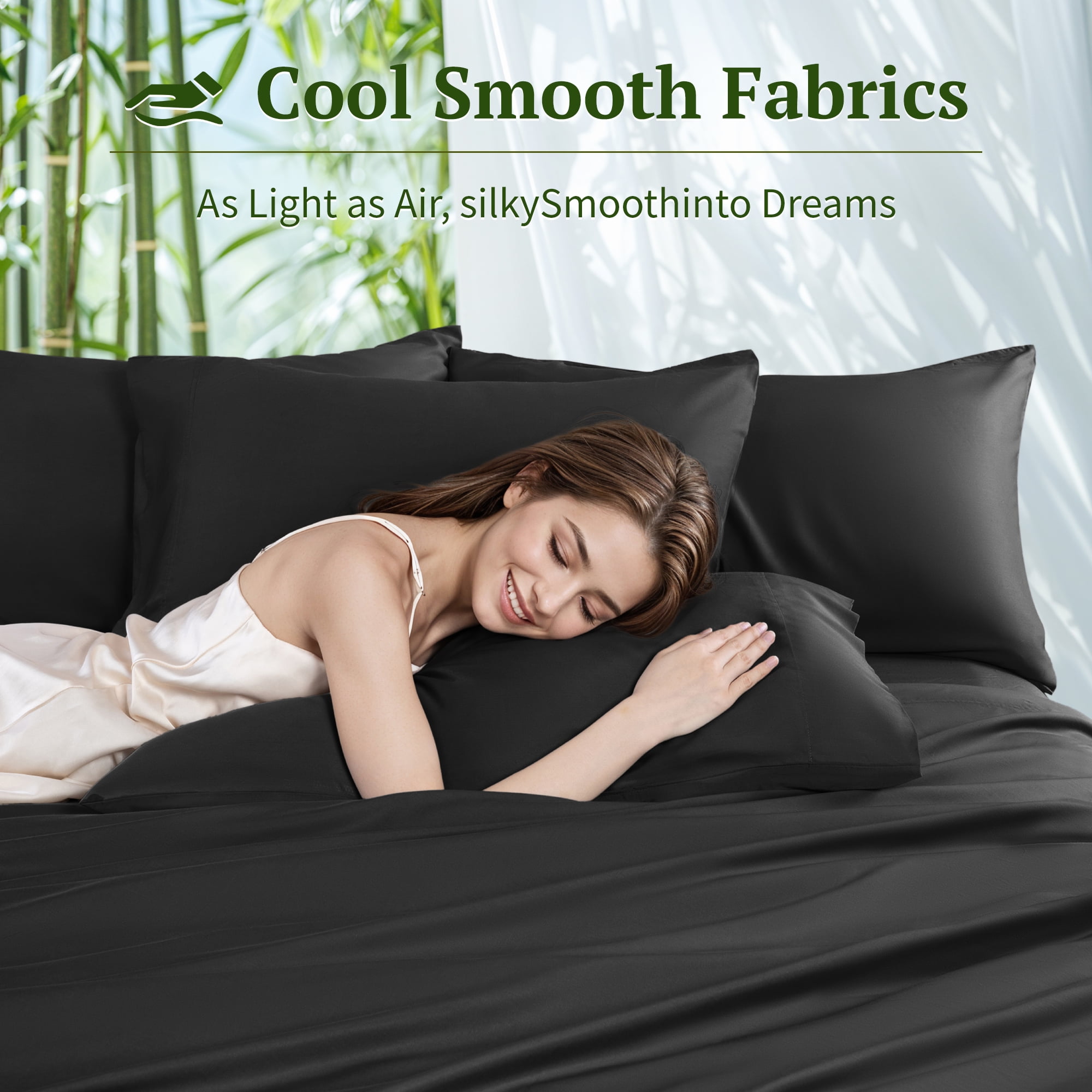 SONORO KATE 6 Pieces Bamboo Bed Sheets Set, Luxury Rayon Derived - Deep Pockets - Wrinkle Free - Extremely Soft, Queen, Black