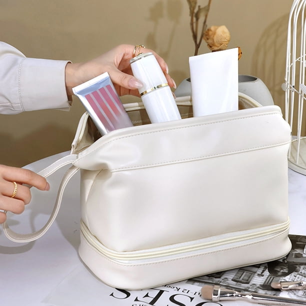 Bolso Grande de Cosmética, Organizador de Maquillaje de Doble Capa con Compartimentos, Estuche de Aseo con Abertura Ancha, 25x19x15cm para Viajes, Negocios o Uso en el Hogar