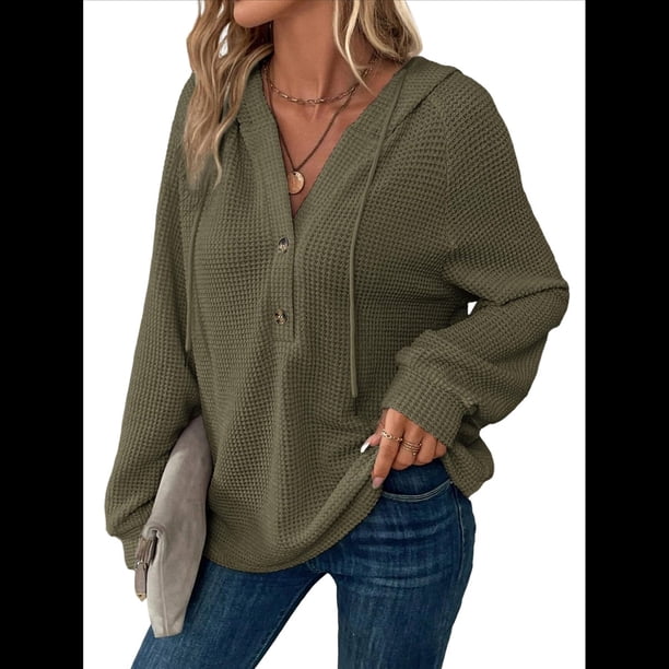 Sudadera con Capucha para Mujer, de Punto Gofre, Larga, Cordón Ajustable, Botones, Cuello en V, Informal, con Capucha Verde L